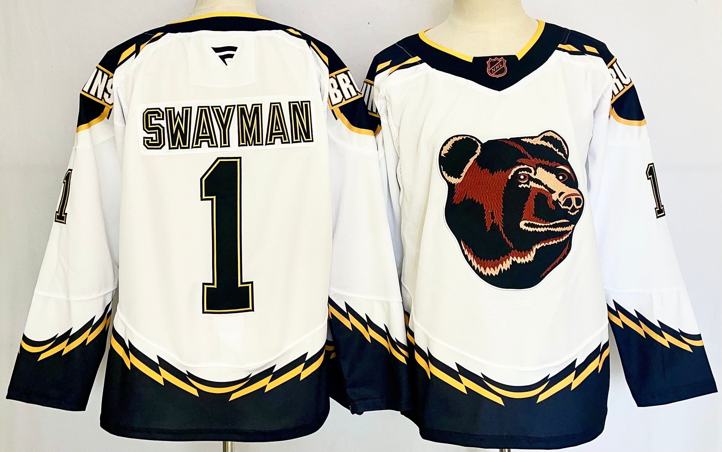 Men Boston Bruins #1 Swayman White 2025 Home Premier Player NHL Jersey